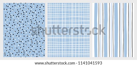 Hand Drawn Childish Style Seamless Vector Pattern. Blue and Black Vertical Stripe on a White Background. White Grid On a Blue Backround. White and Black Dots on a Blue Background. Cute Simple Design.