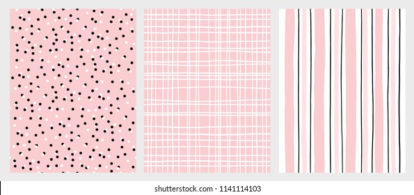 Hand Drawn Childish Style Vector Pattern Set. Pink and Black Vertical Stripe on a White Background. White Grid On a Pink Backround. White and Black Dots on a Pink Background. Cute Simple Design.