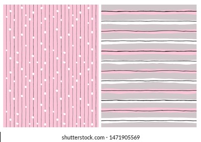 Hand Drawn Childish Style Vector Patterns. Pink, White and Black Vertical Stripes Isolated on a Gray Background. White Dots and Black Lines on a Light Pink Background. Cute Simple Design.