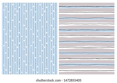 Hand Drawn Childish Style Vector Patterns. Blue, White and Black Vertical Stripes Isolated on a Gray Background. White Dots and Black Lines on a Light Blue Background. Cute Simple Repeatable Design.