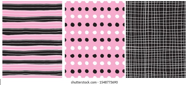 Hand Drawn Childish Style Vector Patterns.Pink, White and Black Horizontal Stripes.White Grid On a Black Backround. White and Black Dots on a Pink Background. Cute Simple Geometric Vector Prints.