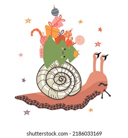 Hand drawn childish vector card with cute snail isolated on white background.Cartoon clam carries a Christmas tree, gifts and decorations.Christmas holidays flat cartoon illustration.