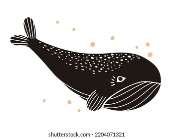 Hand drawn childish whale, made in linocut or woodcut style, flat vector illustration. Black textured silhouette isolated on white