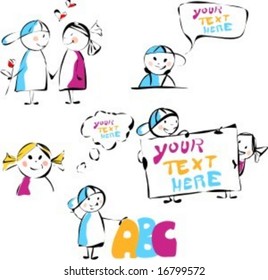 Hand drawn childishly vector illustration with happy little boy and girl.
