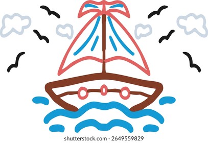 A hand drawn, childlike illustration of a brown sailboat with red and blue sails on blue waves, surrounded by stylized white clouds and black flying birds.