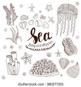 Hand drawn childlike sea elements isolated on white. Parts for coloring books, art therapy, decoration on thematic sources and places, textile and cloth.