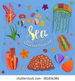 Hand drawn childlike sea elements isolated on wave background. Illustration for children books, art therapy, decoration on thematic sources and places, textile and cloth.