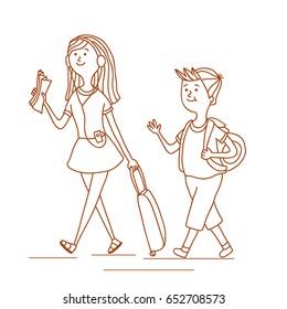 Hand drawn children in airport. Travelers with luggage. Line vector illustration of vacation. Arrival in terminal. Outline young tourists with bags walking to plane.