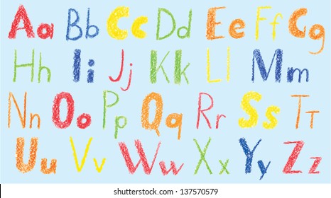 Hand drawn children alphabet. Colored simple letters.