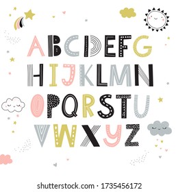 Hand drawn children alphabet with cute sky illustrations in scandinavian style. Cut out funky letter set for posters, nursery, clothing.