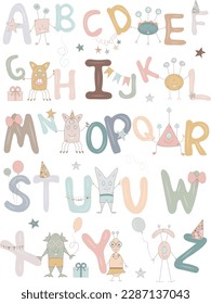 Hand drawn Children Alphabet with cute monsters clip art, ABC Poster, Kids Educational illustration with kawaii monster, Nursery Wall art, Beige Letters Print, School Nursery Font 