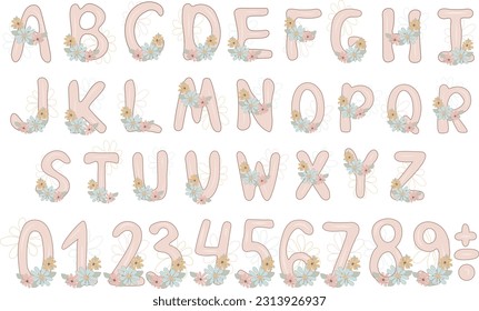Hand drawn Children  alphabet poster in pink color with cute flowers, ABC Poster, Kids Educational illustration with font, Nursery Wall art, Letters Print, School Nursery Font and numbers clipart