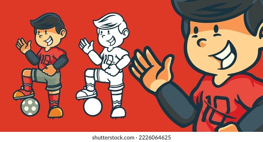 Hand drawn Children cartoon activities as a football player isolated on red background.