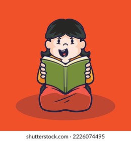 Hand drawn children cartoon activities of a girl reading book.