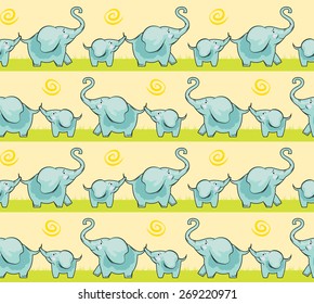 Hand Drawn Children cute elephant for a walk  seamless, yellow and blue color pattern family of elephants