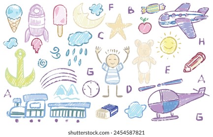 Hand gezeichnete Kinder Zeichnungssatz von bunten süßen und lustigen Cartoons