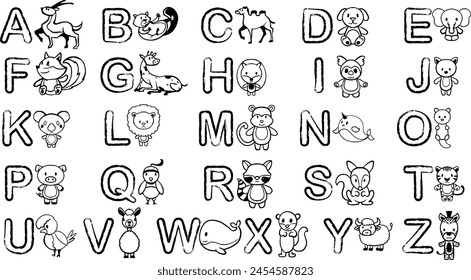 hand drawn children drawing set of letters with cute animal characters. Black and white hand drawn. Vector illustration child like drawing.