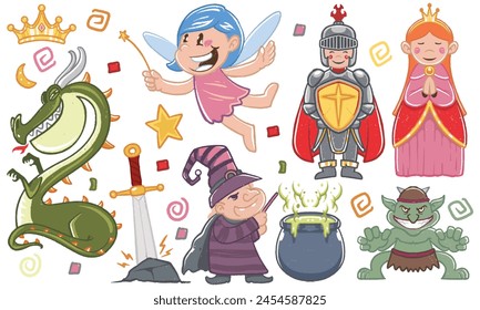 hand drawn children drawing set with colorful Fantasy Characters