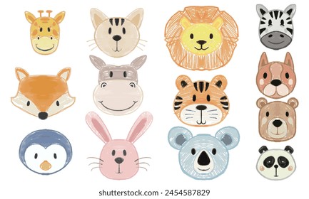 hand drawn children drawing set with colorful cute animal's faces. Childish funny face vector illustration with pastel colors.