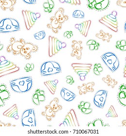 Hand drawn children drawings color seamless pattern