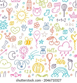 Hand drawn children drawings. Colored seamless pattern. Background for cute little boys and girls. Doodle background. Vector illustration