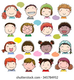 Hand drawn children faces set