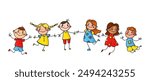 Hand drawn children illustrations doodles and sketches of happy, smiling kids. Cartoon style characters cheerful scenes of friendship and fun. Ideal for educational and preschool settings. Not AI.