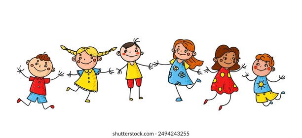 Hand drawn children illustrations doodles and sketches of happy, smiling kids. Cartoon style characters cheerful scenes of friendship and fun. Ideal for educational and preschool settings. Not AI.