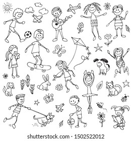 Hand drawn children at play doodle set
