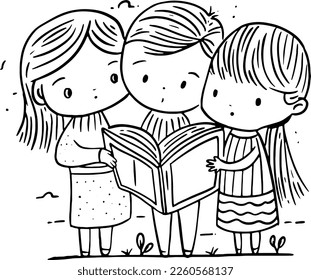 Hand Drawn Children Reading Book Outline Illustration