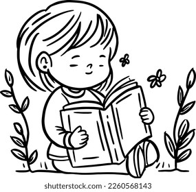 Hand Drawn Children Reading Book Outline Illustration