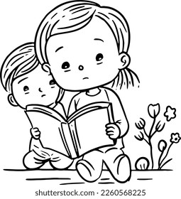 Hand Drawn Children Reading Outline Illustration