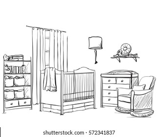 Hand Drawn Children Room. Furniture Sketch. Baby Bed