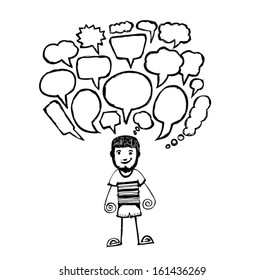 Hand drawn children and speech bubbles set 