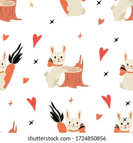 Hand drawn children style illustration.  Seamless pattern with funny bunny.