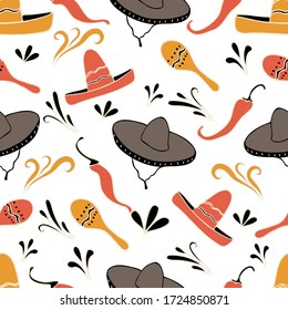 Hand drawn children style illustration. Mexican seamless pattern isolated on white background.
