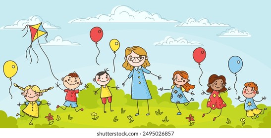 Hand drawn children with teacher doodles and sketches of happy, smiling kids. Cartoon style characters cheerful scene of friendship and fun in park. For educational and preschool settings. Not AI.