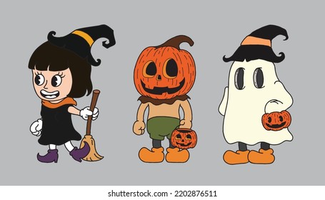 niños dibujados a mano tres vectores de caricatura de halloween, ilustrador de dibujos animados feliz halloween, lindo caricatura kawaii personaje de bebé gracioso