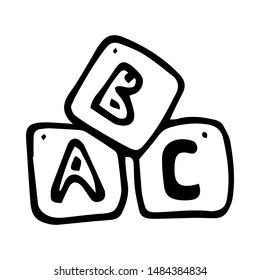 Hand drawn children toy cube doodle. Sketch children's toy icon. Decoration element. Isolated on black background. Vector illustration.