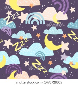 Hand drawn children vector seamless pattern isolated on violet background. Creative scandinavian kids texure for fabric, textile, wallpaper, apparel.