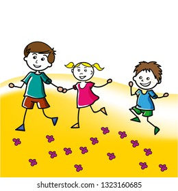 Hand drawn children walk on the lawn in the summer. Two little boys and one girl, vector illustration