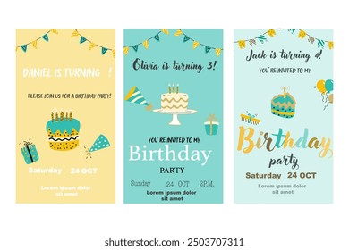 Hand drawn childrens birthday invitation card. Anniversary celebration design with golden color. Cute cake or cupcake with candle and gift.