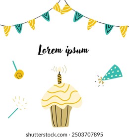 Hand drawn childrens birthday invitation card. Anniversary celebration design with golden color. Cute cake or cupcake with candle and gift.