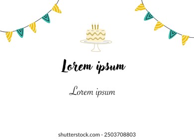 Hand drawn childrens birthday invitation card. Anniversary celebration design with golden color. Cute cake or cupcake with candle and gift.