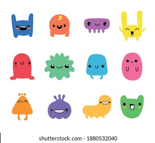 Hand drawn children's cute little doodle monsters. Trendy face emotions on simple funny doodles for kids. Isolated vector set.