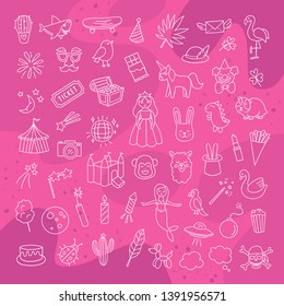 Hand drawn children's icons and elements. Vector toys, cute illustrations and party design doodles for kids