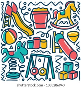 niños dibujados a mano juego de doodle en el patio de juegos con iconos y elementos de diseño