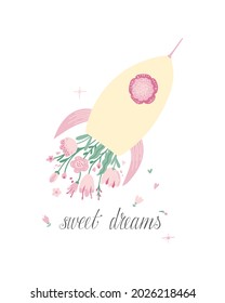 Hand drawn childrens poster. Cute rocket with flowers instead of flames