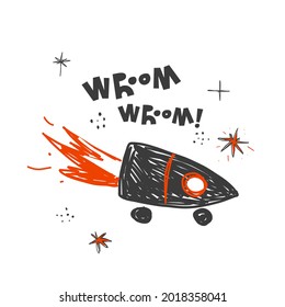 Afiche de niños dibujados a mano. Un cohete sobre ruedas se acelera con el sonido del cuarto de baño