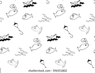 Hand Drawn in a children's style Seamless Pattern with cartoon fishes and paper boat